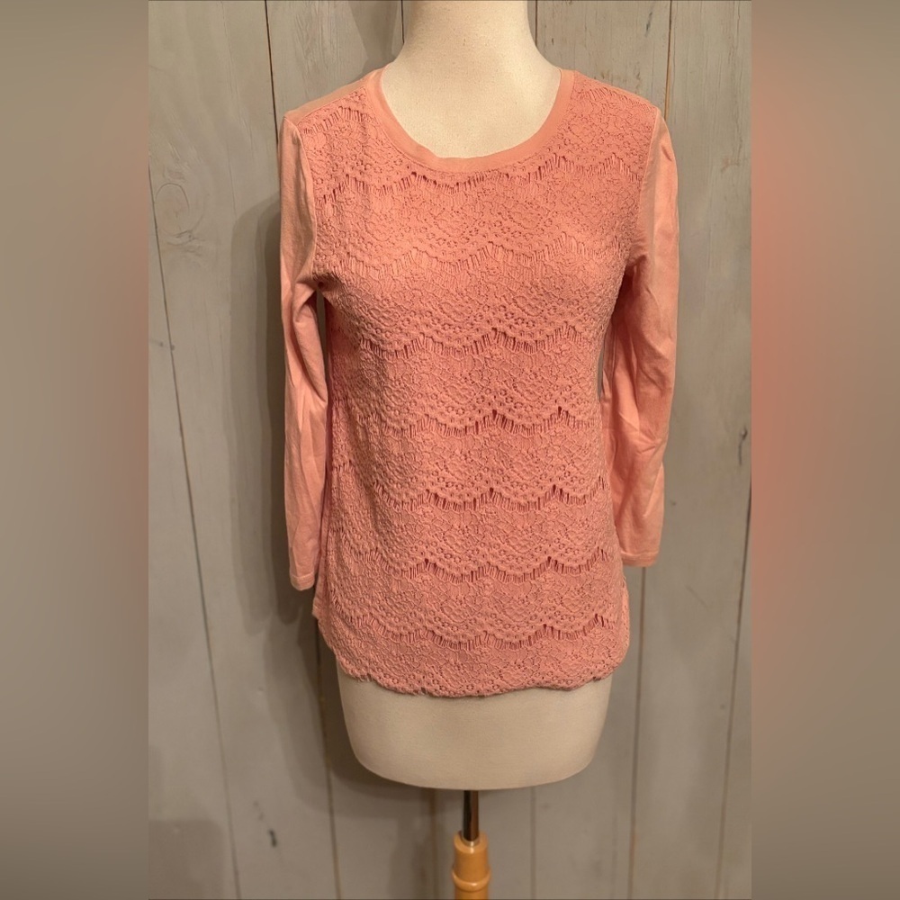 J. Crew Pink Lace Overlay 3/4 Sleeve Scalloped Hem Blouse Top/blouse Size XS
